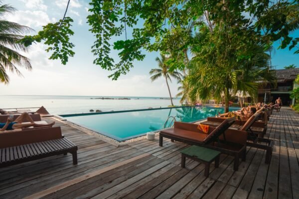 Completed contemporary infinity pool and porcelain decking