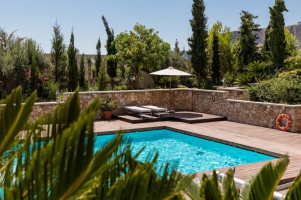 Custom luxury swimming pool with submerged ledges and chiller unit